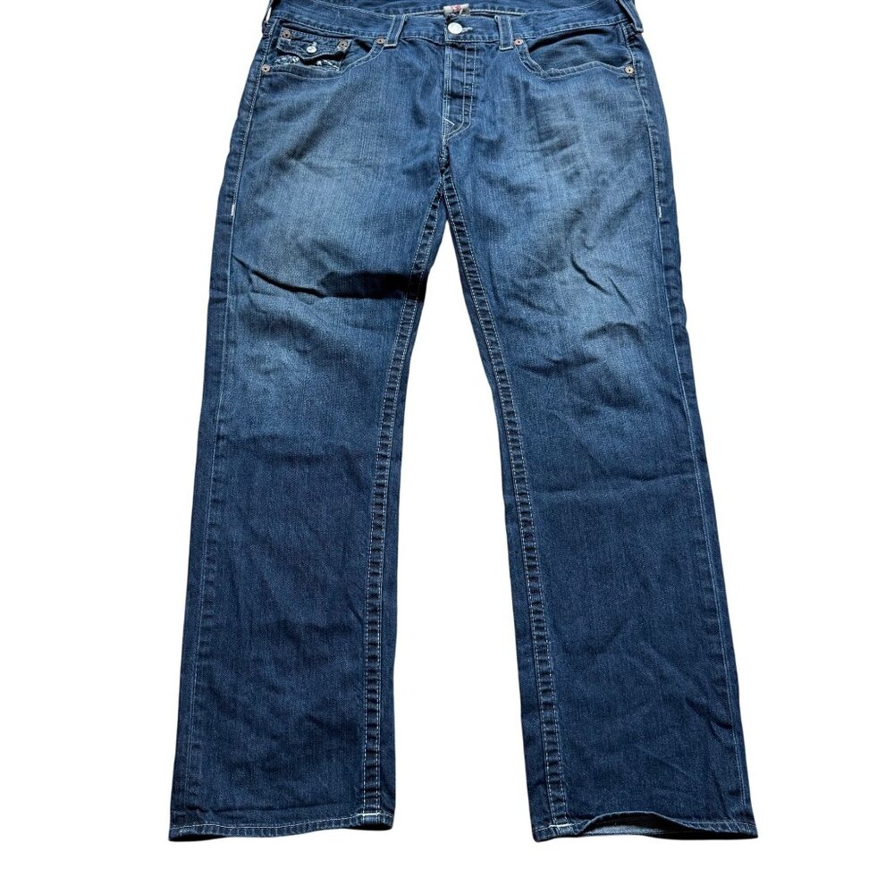 True Religion Size 40 Blue Dark Wash Denim Cotton Slim Fit Straight Leg Jeans